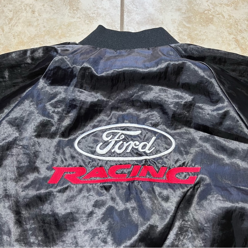 Vintage Ford Racing Bomber Jacket Black Red Satin Lightweight Mens Size XL